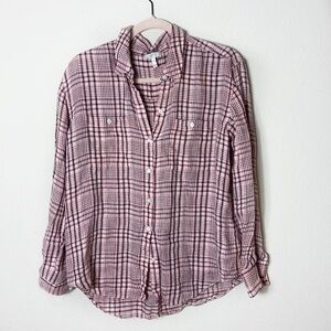 Joie 100% Linen Plaid Button Down Shirt size M in coral pink and blue